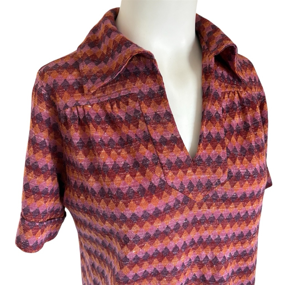 Vintage 70’s 80’s Amaraggi Paris Diamond Pattern Linen Blend Polo Top Sz 38 / M